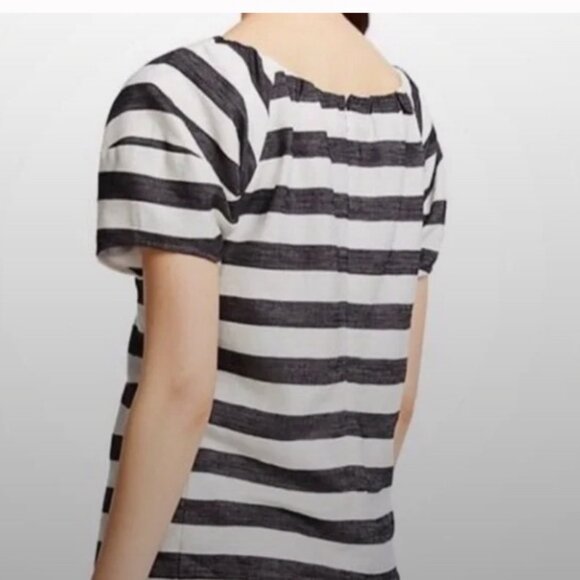 ANN TAYLOR Linen Blend Black White Stripe Short Sleeve Blouse Top Shirt Small - Picture 2 of 9